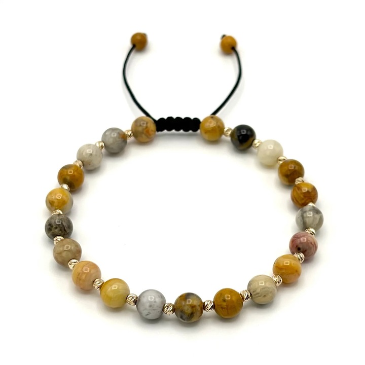 Bratara cu bile din AUR 14K si pietre naturale de 6mm, snur reglabil, barfewqgat, Galben, Reglabila