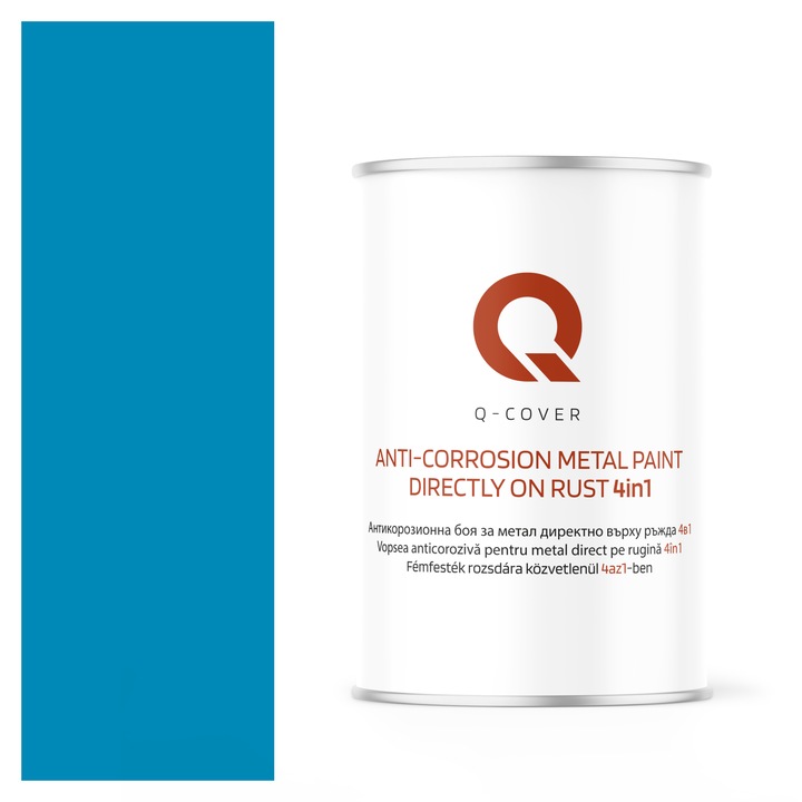 Vopsea anticoroziva pentru metal direct pe rugina 4in1, Q-Cover, Albastru deschis RAL5012, luciu ridicat, pentru interior si exterior, rezistenta la coroziune, uscare rapida, termorezistenta, rezistent la UV, fara substante toxice, 1L