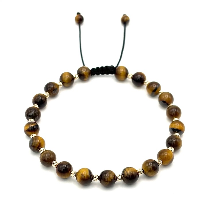 Bratara cu bile din AUR 14K si pietre naturale de 6mm, snur reglabil, barfewqgat, Maro, Reglabila