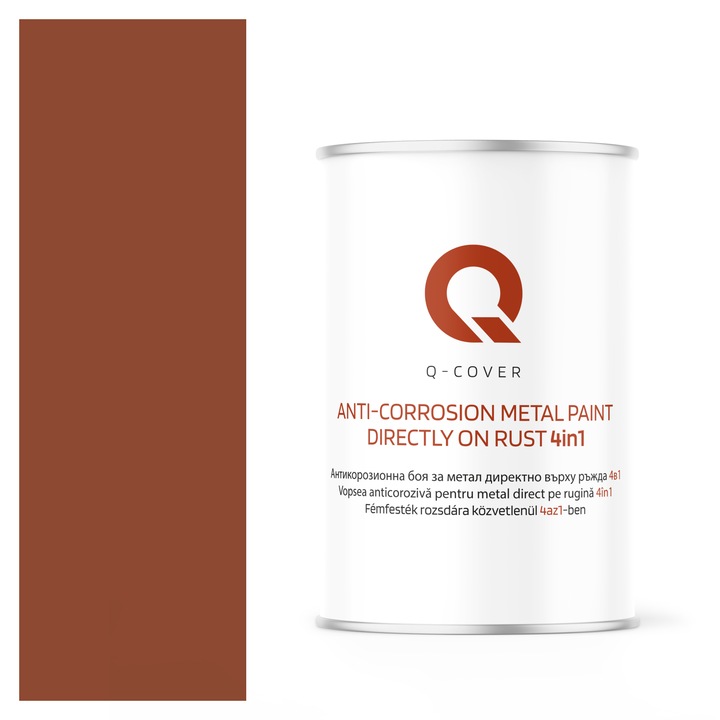 Vopsea anticoroziva pentru metal direct pe rugina 4in1, Q-Cover, Caramiziu RAL8004, mat, pentru interior si exterior, rezistenta la coroziune, uscare rapida, termorezistenta, rezistent la UV, fara substante toxice, 1L