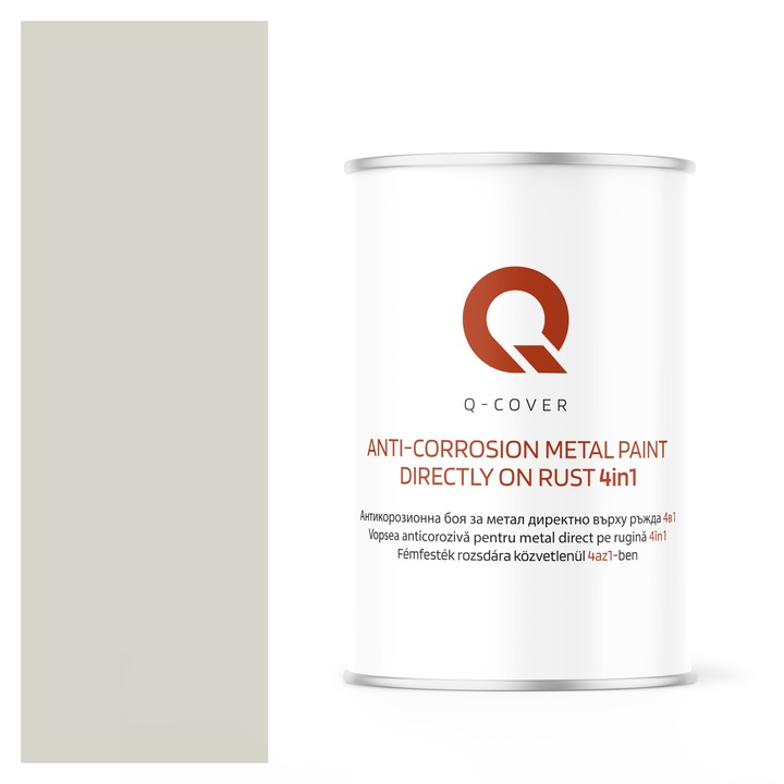 Vopsea anticoroziva pentru metal direct pe rugina 4in1, Q-Cover, Alb si gri RAL9002, satin, pentru interior si exterior, rezistenta la coroziune, uscare rapida, termorezistenta, rezistent la UV, fara substante toxice, 1L