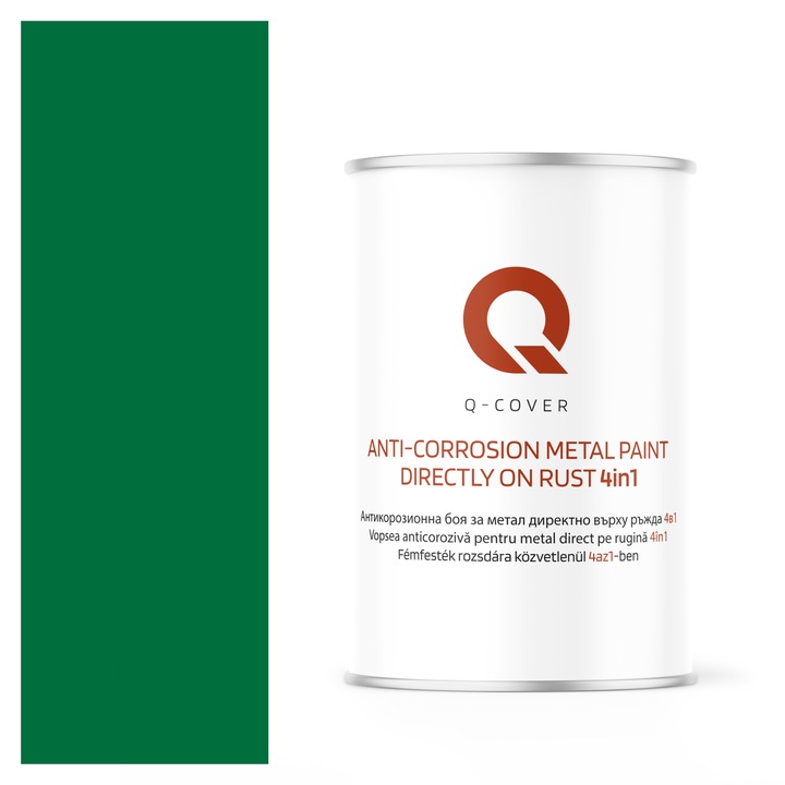 Vopsea anticoroziva pentru metal direct pe rugina 4in1, Q-Cover, Verde RAL6029, semi-mat, pentru interior si exterior, rezistenta la coroziune, uscare rapida, termorezistenta, rezistent la UV, fara substante toxice, 1L