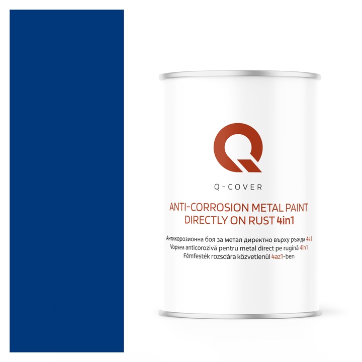 Vopsea anticoroziva pentru metal direct pe rugina 4in1, Q-Cover, Albastru ultramarin RAL5002, mat, pentru interior si exterior, rezistenta la coroziune, uscare rapida, termorezistenta, rezistent la UV, fara substante toxice, 1L