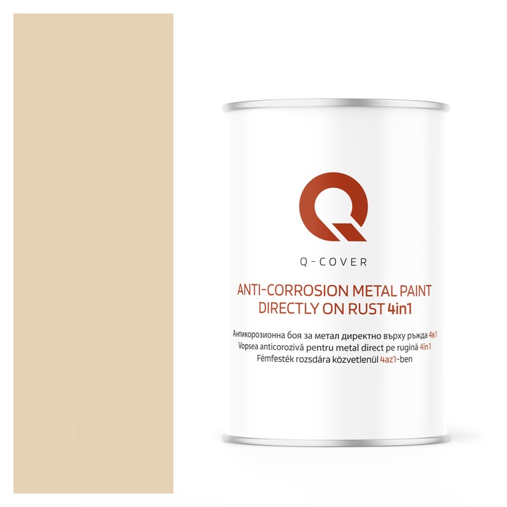 Vopsea anticoroziva pentru metal direct pe rugina 4in1, Q-Cover, Bej cremos RAL1015, luciu ridicat, pentru interior si exterior, rezistenta la coroziune, uscare rapida, termorezistenta, rezistent la UV, fara substante toxice, 1L