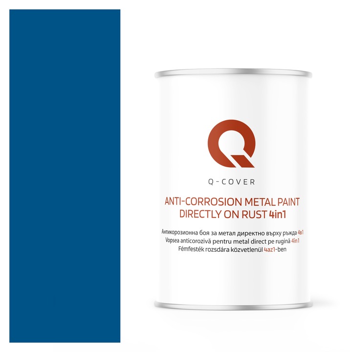Vopsea anticoroziva pentru metal direct pe rugina 4in1, Q-Cover, Albastru RAL5005, mat, pentru interior si exterior, rezistenta la coroziune, uscare rapida, termorezistenta, rezistent la UV, fara substante toxice, 1L