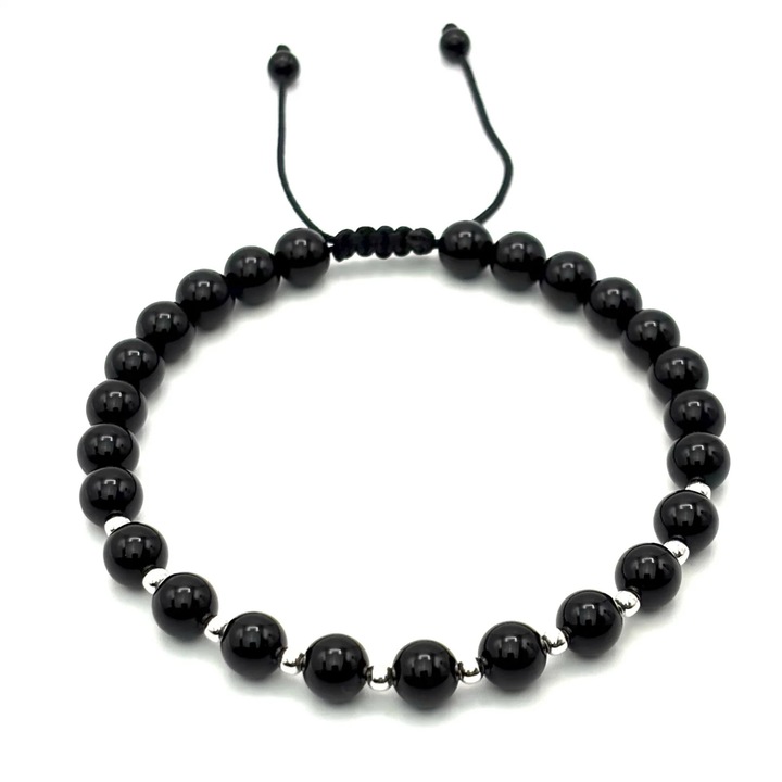 Bratara cu bile din si pietre naturale de 6mm, snur reglabil, barbat - 654897, Negru, Reglabila