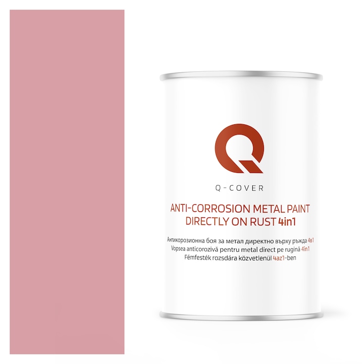 Vopsea anticoroziva pentru metal direct pe rugina 4in1, Q-Cover, Roz deschis RAL3015, semi-mat, pentru interior si exterior, rezistenta la coroziune, uscare rapida, termorezistenta, rezistent la UV, fara substante toxice, 1L