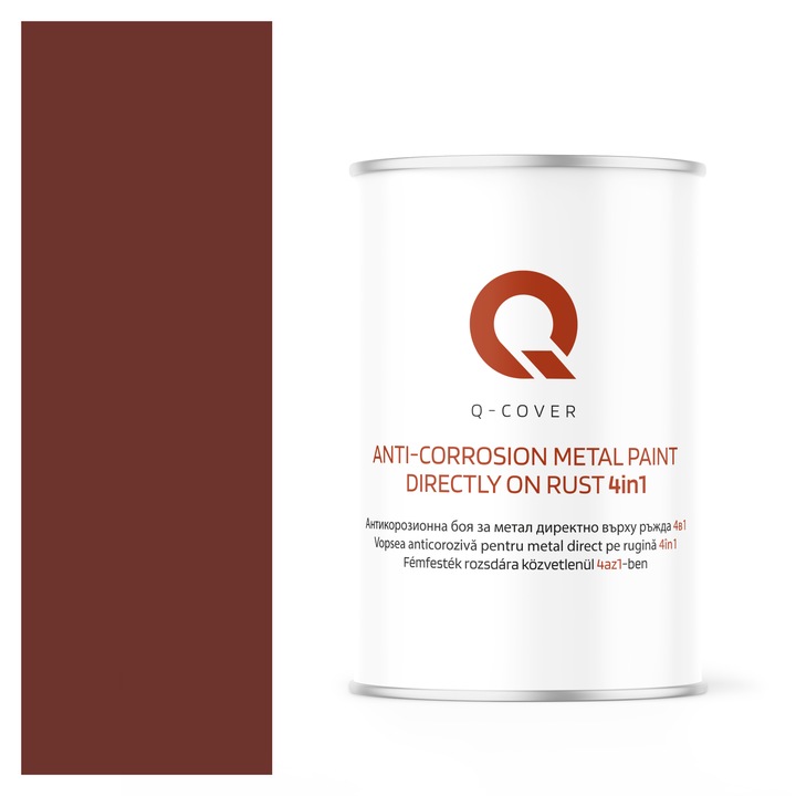 Vopsea anticoroziva pentru metal direct pe rugina 4in1, Q-Cover, Visiniu RAL3009, luciu ridicat, pentru interior si exterior, rezistenta la coroziune, uscare rapida, termorezistenta, rezistent la UV, fara substante toxice, 1L