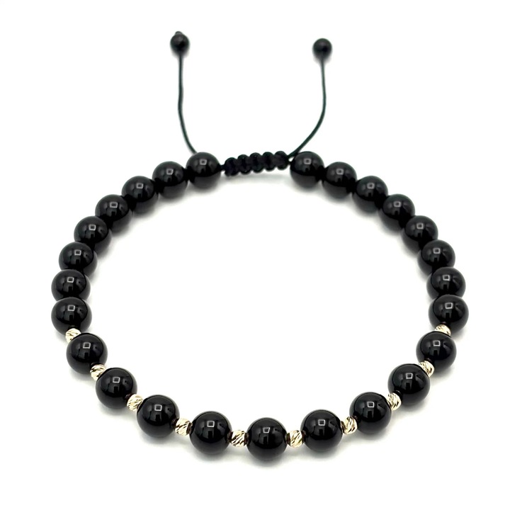 Bratara cu bile din si pietre naturale de 6mm, snur reglabil, barbat - 654897, Negru, Reglabila