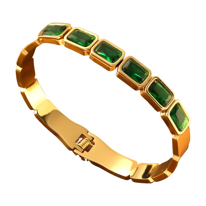 Bratara patrata din otel titan auriu 18K cu diamante verzi, inchidere cu clema, design retro luxos, accesoriu elegant pentru orice ocazie, auriu cu detalii verzi