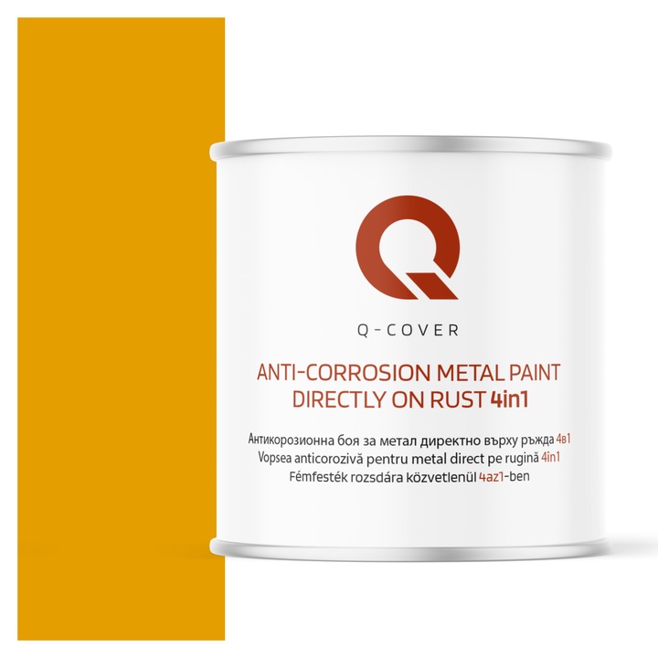Vopsea anticoroziva pentru metal direct pe rugina 4in1, Q-Cover, Galben auriu RAL1004, mat, pentru interior si exterior, rezistenta la coroziune, uscare rapida, termorezistenta, rezistent la UV, fara substante toxice, 2.5L