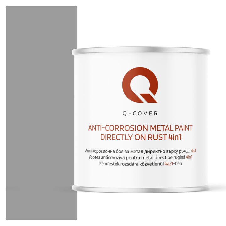 Vopsea anticoroziva pentru metal direct pe rugina 4in1, Q-Cover, Gri de semnalizare RAL7004, semi-mat, pentru interior si exterior, rezistenta la coroziune, uscare rapida, termorezistenta, rezistent la UV, fara substante toxice, 2.5L