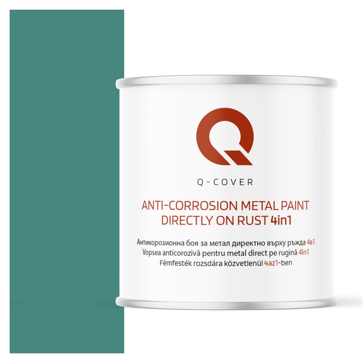 Vopsea anticoroziva pentru metal direct pe rugina 4in1, Q-Cover, Turcoaz menta RAL6033, satin, pentru interior si exterior, rezistenta la coroziune, uscare rapida, termorezistenta, rezistent la UV, fara substante toxice, 2.5L