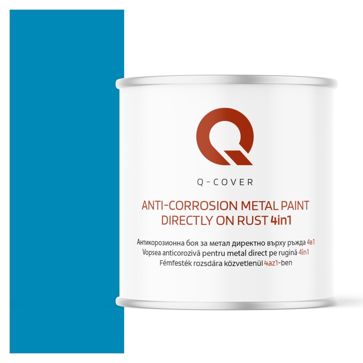 Vopsea anticoroziva pentru metal direct pe rugina 4in1, Q-Cover, Albastru deschis RAL5012, mat, pentru interior si exterior, rezistenta la coroziune, uscare rapida, termorezistenta, rezistent la UV, fara substante toxice, 2.5L