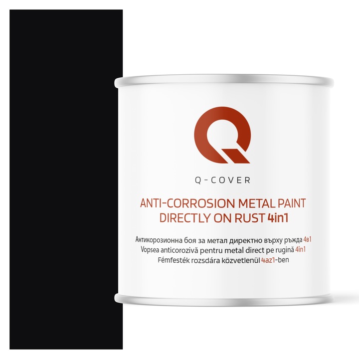 Vopsea anticoroziva pentru metal direct pe rugina 4in1, Q-Cover, Negru RAL9005, semi-mat, pentru interior si exterior, rezistenta la coroziune, uscare rapida, termorezistenta, rezistent la UV, fara substante toxice, 2.5L