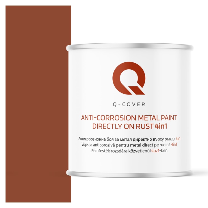 Vopsea anticoroziva pentru metal direct pe rugina 4in1, Q-Cover, Caramiziu RAL8004, semi-mat, pentru interior si exterior, rezistenta la coroziune, uscare rapida, termorezistenta, rezistent la UV, fara substante toxice, 2.5L