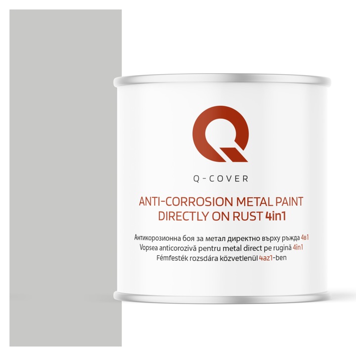 Vopsea anticoroziva pentru metal direct pe rugina 4in1, Q-Cover, Gri laptos RAL7047, luciu ridicat, pentru interior si exterior, rezistenta la coroziune, uscare rapida, termorezistenta, rezistent la UV, fara substante toxice, 2.5L