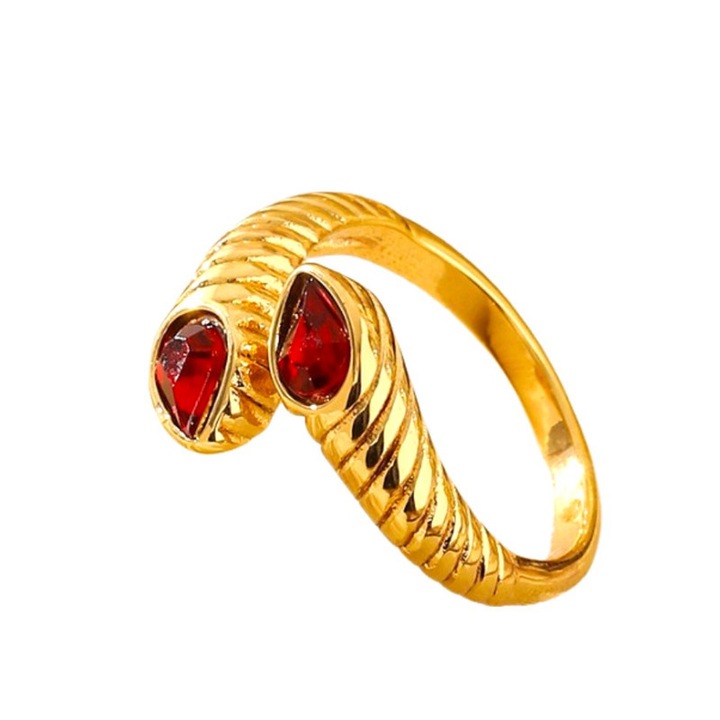 Inel sarpe din otel titan cu zirconiu, deschis si reglabil, design retro regal cu diamante rosii, accesoriu luxos european