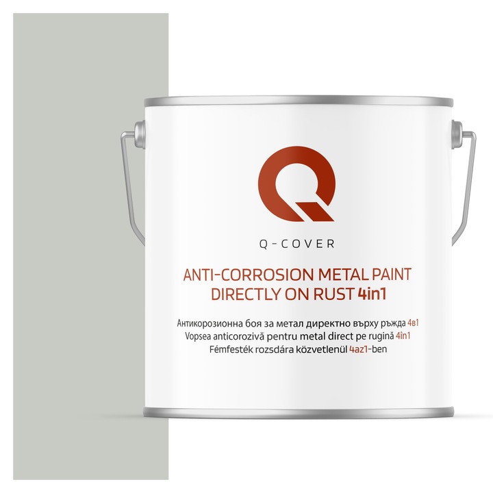 Vopsea anticoroziva pentru metal direct pe rugina 4in1, Q-Cover, Alb papirus RAL9018, mat, pentru interior si exterior, rezistenta la coroziune, uscare rapida, termorezistenta, rezistent la UV, fara substante toxice, 5L