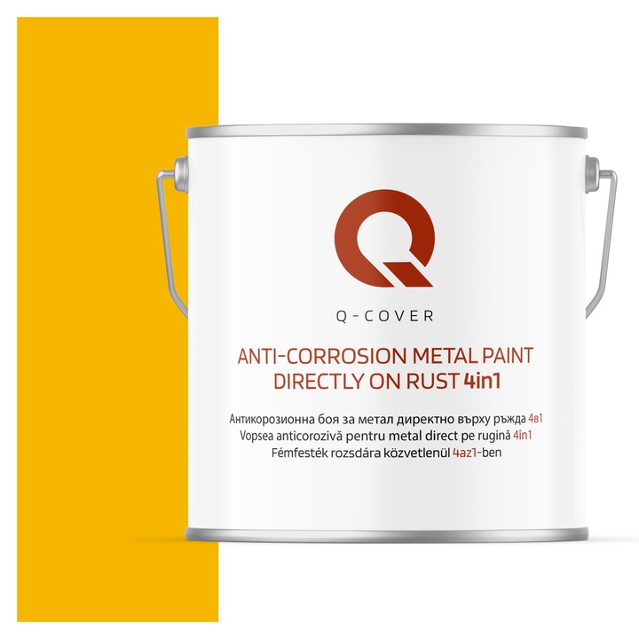 Vopsea anticoroziva pentru metal direct pe rugina 4in1, Q-Cover, Galben cadmiu RAL1021, mat, pentru interior si exterior, rezistenta la coroziune, uscare rapida, termorezistenta, rezistent la UV, fara substante toxice, 5L