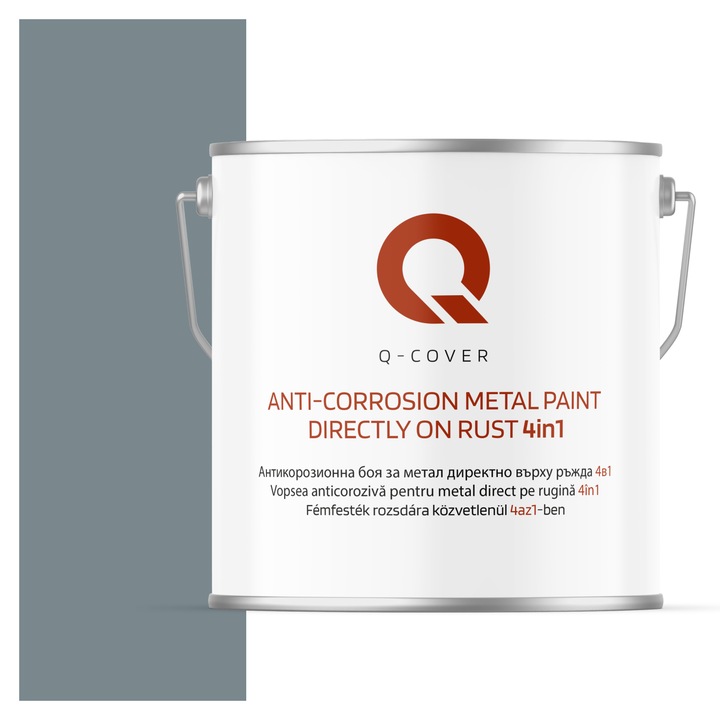 Vopsea anticoroziva pentru metal direct pe rugina 4in1, Q-Cover, Gri veverita RAL7000, mat, pentru interior si exterior, rezistenta la coroziune, uscare rapida, termorezistenta, rezistent la UV, fara substante toxice, 5L