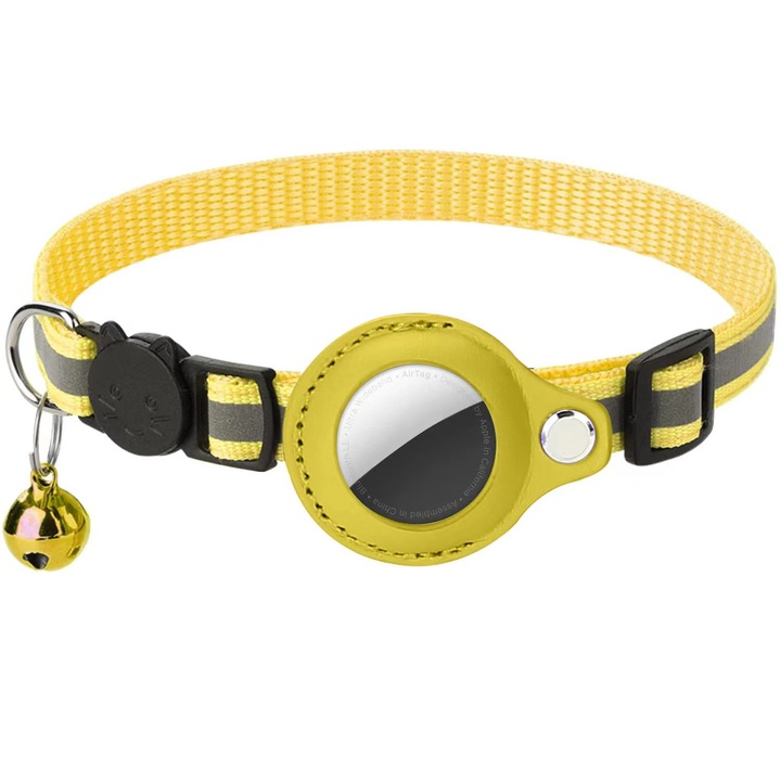 Zgarda reglabila pentru pisici, anti-pierdere, localizabila, cu functie de urmarire, reflectorizanta, cu clopotel, galben