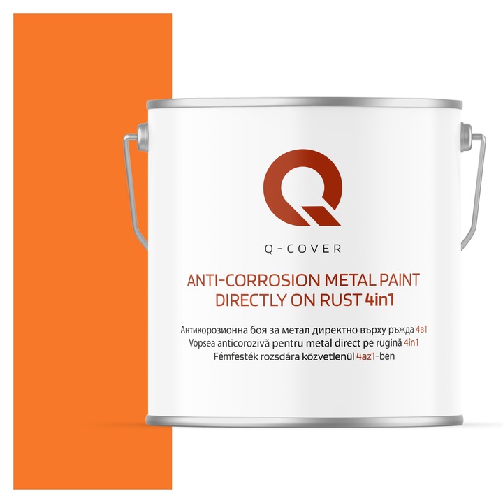 Vopsea anticoroziva pentru metal direct pe rugina 4in1, Q-Cover, Portocaliu pastel RAL2003, semi-mat, pentru interior si exterior, rezistenta la coroziune, uscare rapida, termorezistenta, rezistent la UV, fara substante toxice, 5L