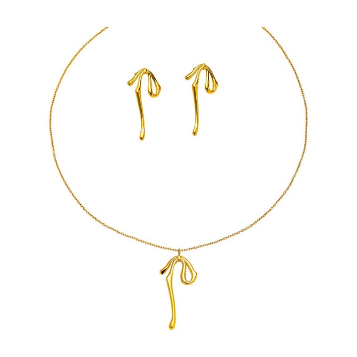 Комплект колие и обеци, с панделка и перли, титаниева стомана, 18K златно покритие, френски ретро дизайн, елегантен аксесоар за събития или ежедневието, златист цвят