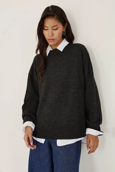 Pulover dama HiCCUP, guler rotund, confortabil, gri, tricot