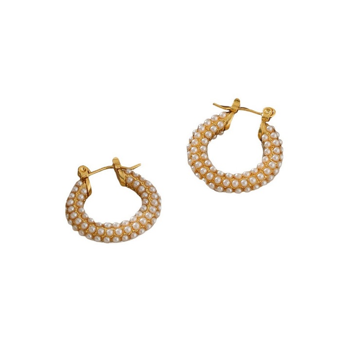 Cercei din otel titan cu perle, model circular stralucitor, design retro european