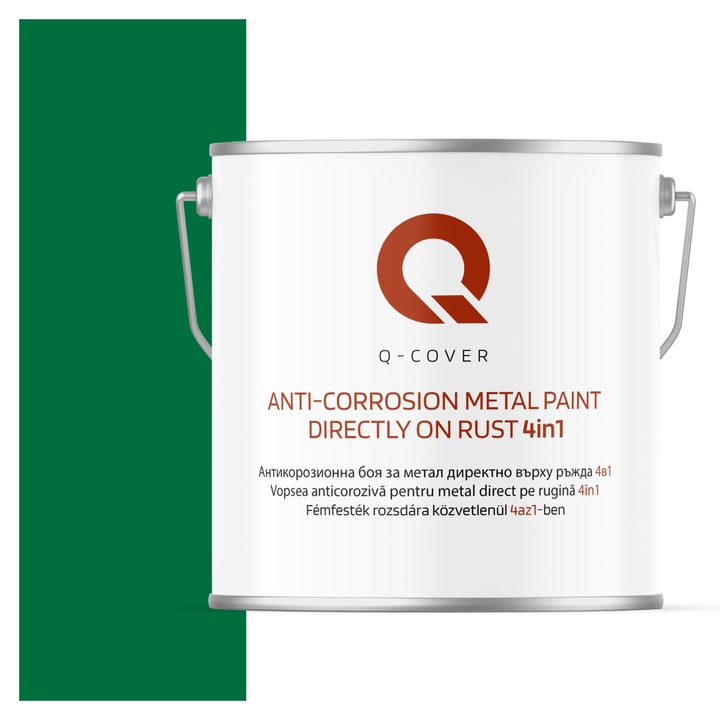Vopsea anticoroziva pentru metal direct pe rugina 4in1, Q-Cover, Verde RAL6029, mat, pentru interior si exterior, rezistenta la coroziune, uscare rapida, termorezistenta, rezistent la UV, fara substante toxice, 5L