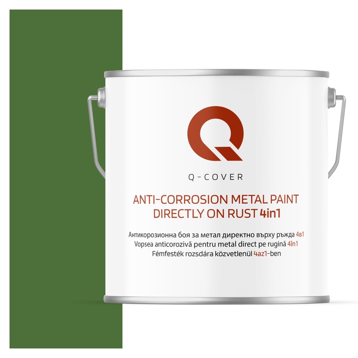 Vopsea anticoroziva pentru metal direct pe rugina 4in1, Q-Cover, Verde ierbos RAL6010, semi-mat, pentru interior si exterior, rezistenta la coroziune, uscare rapida, termorezistenta, rezistent la UV, fara substante toxice, 5L