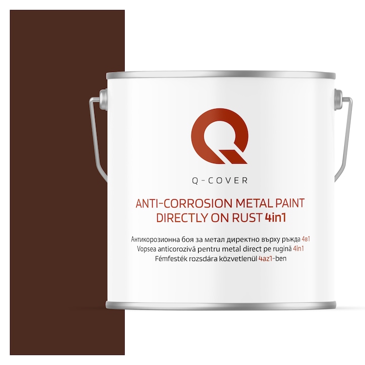 Vopsea anticoroziva pentru metal direct pe rugina 4in1, Q-Cover, Maro cald RAL8016, mat, pentru interior si exterior, rezistenta la coroziune, uscare rapida, termorezistenta, rezistent la UV, fara substante toxice, 5L