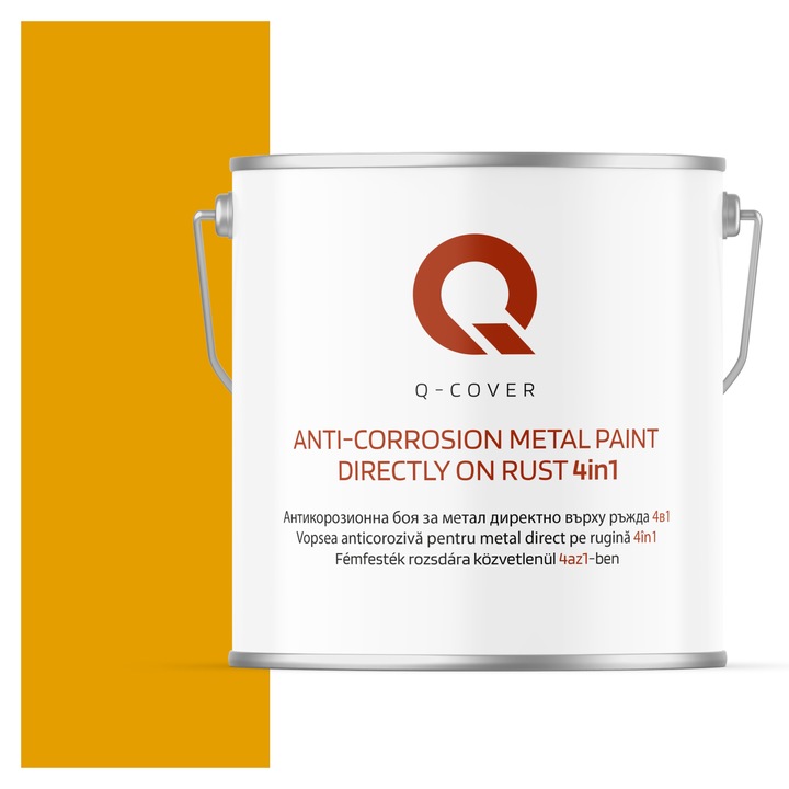 Vopsea anticoroziva pentru metal direct pe rugina 4in1, Q-Cover, Galben auriu RAL1004, mat, pentru interior si exterior, rezistenta la coroziune, uscare rapida, termorezistenta, rezistent la UV, fara substante toxice, 5L