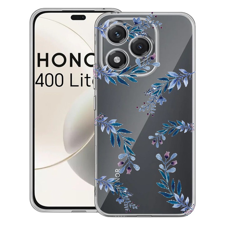 Husa pentru Honor 400 Lite 5G, BestCase® Clear Silicon 2MM, Blue Flowers, Antisoc, Protectie camera si ecran, 1997766 T 116