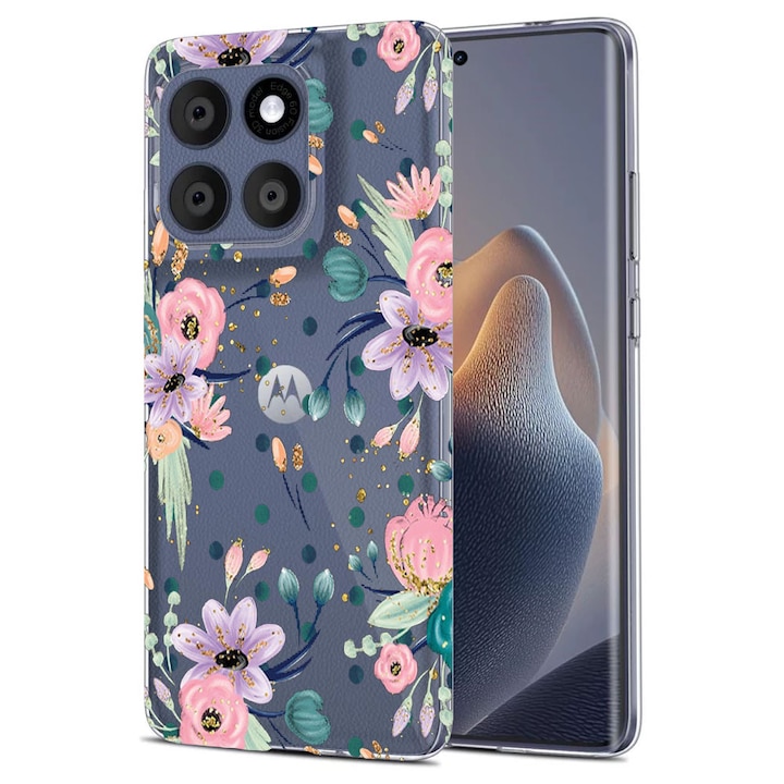 Husa pentru Motorola Edge 60 Fusion 5G, BestCase® Clear Silicon 2MM, Flowers Collection, Antisoc, Protectie camera si ecran, 1997854 T 495
