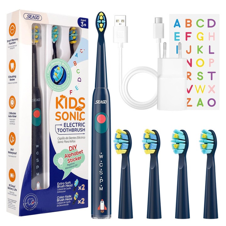 Periuta electrica sonica pentru copii, Seago®,40000VPM, 5 programe, 4capete de periuta, timer inteligent de 2 minutemodel, SG2303, Albastra