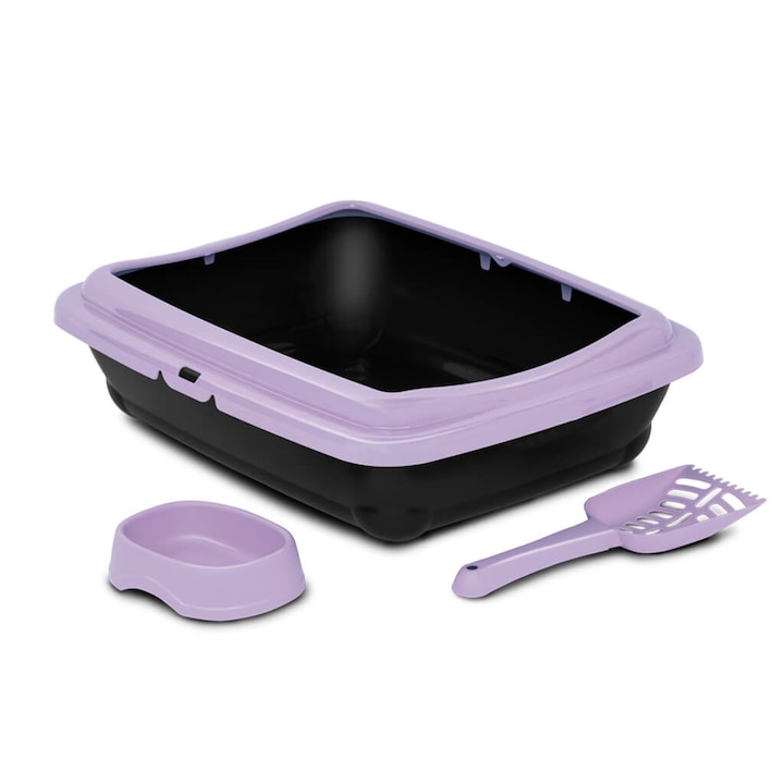 Set Litiera Pisici, MPB (46x36x12h cm, baza:39x28cm) - Kit Complet cu Rama, Castron si Lopatica, Igiena si Confort pentru Pisica Ta, Bicolor