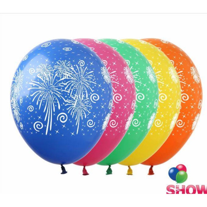 Set 10 baloane latex 30x30cm, Art-Show, mix culori, imprimeu focuri de artificii