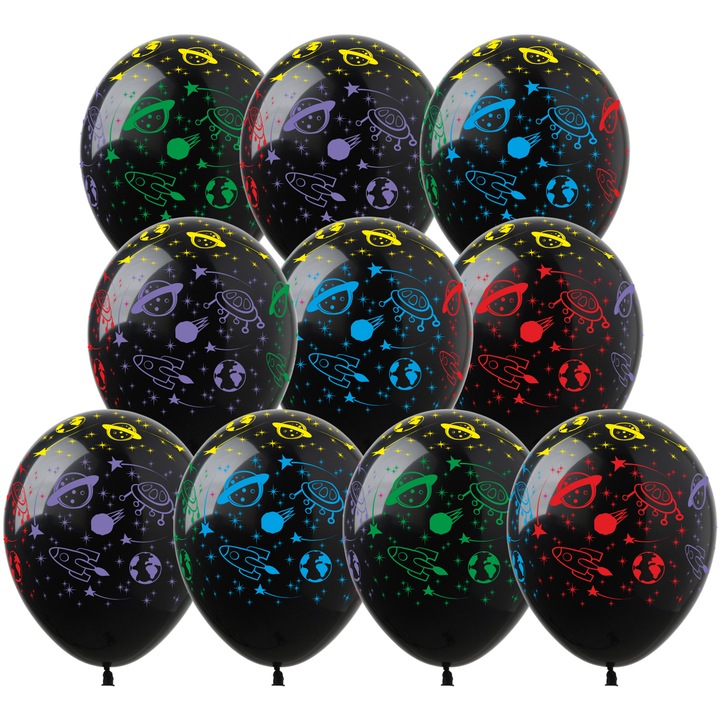 Set 10 baloane latex cu imprimeu cosmic, 30x30cm, negru