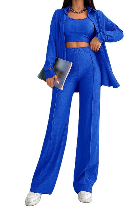 Set Dama, 3 Piese, Pantaloni, Maieu & Bluza, Albastru