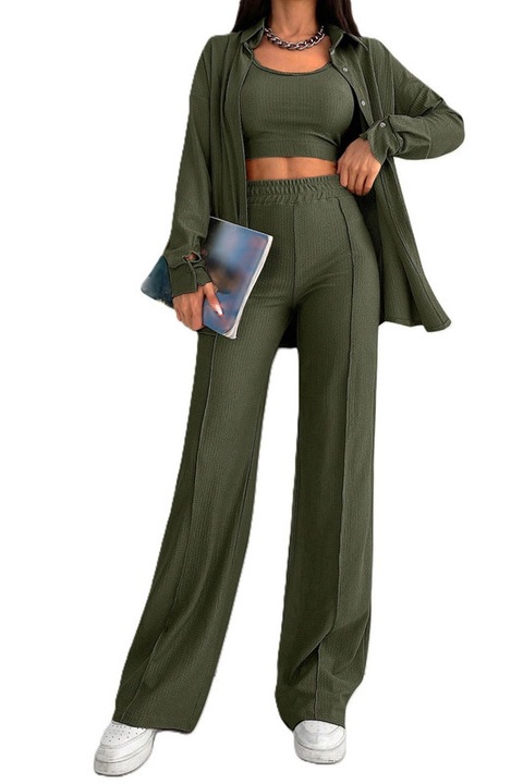 Set Dama, 3 Piese, Pantaloni, Maieu & Bluza, Verde inchis