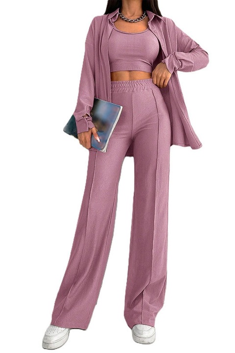 Set Dama, 3 Piese, Pantaloni, Maieu & Bluza, Violet