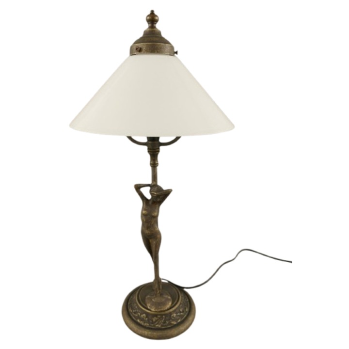 Lampa decorativa vintage din alama, cu statueta si abajur alb opac, H.49cm