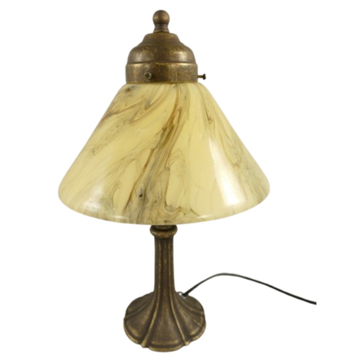 Lampa decorativa cu abajur crem marmor si baza din alama antichizata, H. 32 cm