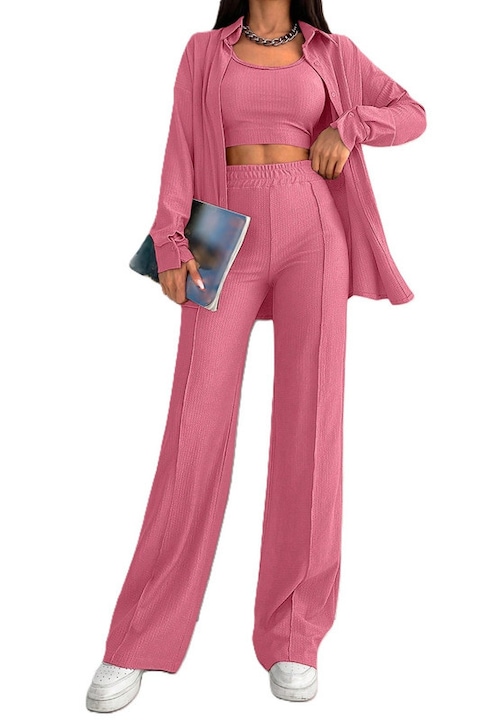Set Dama, 3 Piese, Pantaloni, Maieu & Bluza, Roz pal