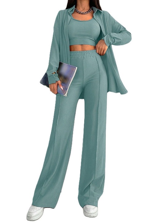 Set Dama, 3 Piese, Pantaloni, Maieu & Bluza, Verde pal