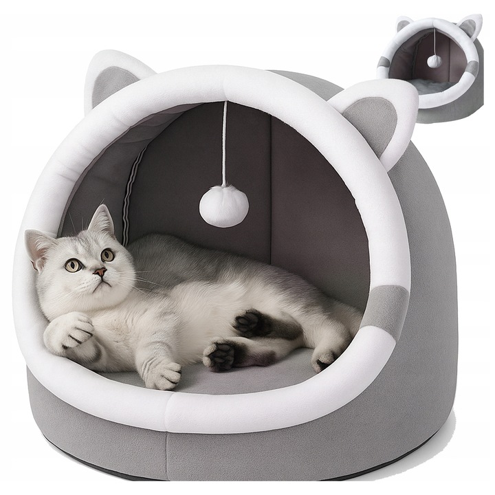 Culcus rotund pentru pisici, gri, 31x30x28 cm, decorat cu urechi dragalase si un pompon jucaus - FOTOROB