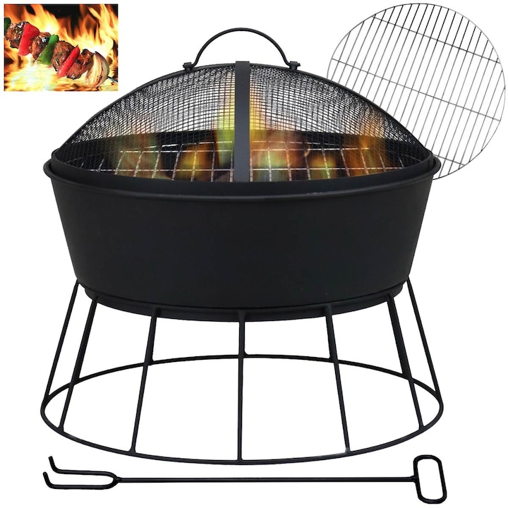 Semineu de gradina, Artnico, Zapalen, 42x36 cm, otel acoperit cu pulbere, gratar inclus, capac de otel, negru, set de 6 piese, include poker, gratar rotund, capac cu maner, manual de utilizare, ambalaj original, grosimea peretelui 1 mm, greutate aproximat