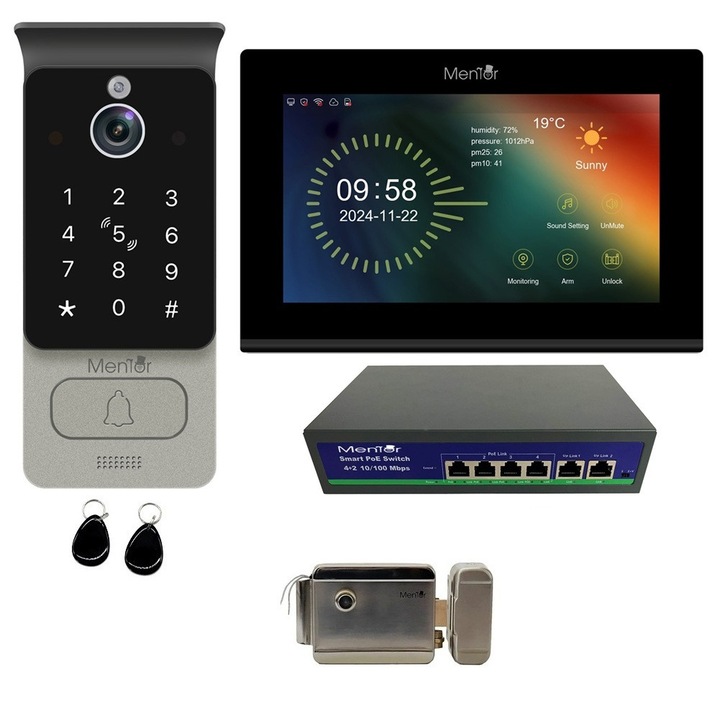 Kit VideoInterfon Wireless 1 Familie Mentor SYKT068B Touchscreen 7" IPS HD 2MP IP65 Human Detection RJ45 POE 5in1 Acces App Parola 2xCard Buton 5xCheie Negru